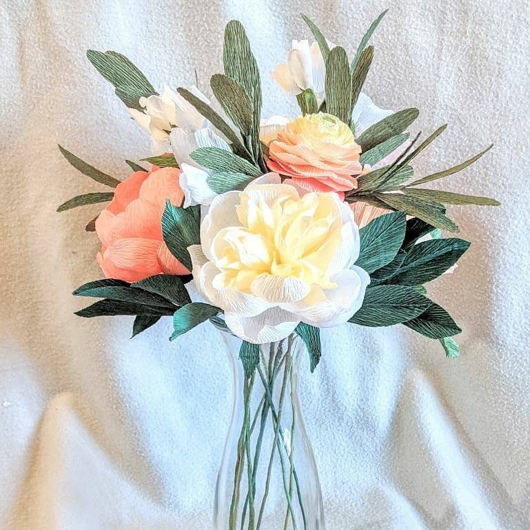 Coral and White Paper Flowers Bouquet Arrangement of Peony and Garden Rose,  Wedding Bridal Bouquet, 1st Anniversary Gift, 