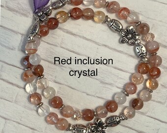Semi-precious gemstone wrap stretch bracelet with silver flower, lady bug, and crystal accents. 3 gemstone choices