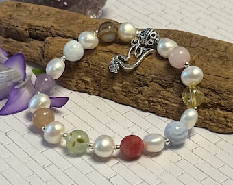 Fruit of The Spirit gemstone and pearl stretch bracelet with Dove Charm