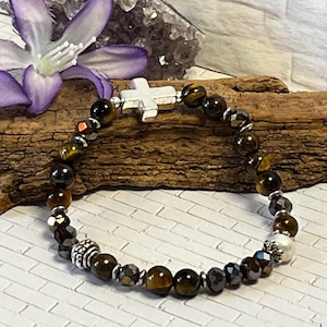 Silver Cross Gemstone Bracelet: GOD in Binary Code, Stretchy Spiritual Jewelry