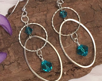 Silver and crystal hoop and oval 2-tier dangle earrings; lightweight statement earrings; Crystal earrings; 7 colors