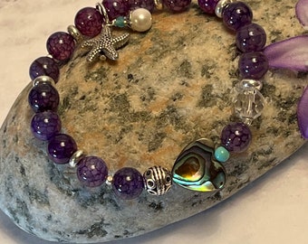 Abalone heart and gemstone stretch bracelet; 4 gemstone choices