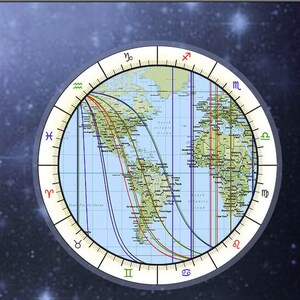 May include: A world map with a circular zodiac wheel overlayed on top. The map shows the continents of North and South America, Europe, Africa, and Asia. The zodiac wheel is divided into 12 sections, each representing a different astrological sign. The signs are labeled in English. The map is surrounded by a starry background.