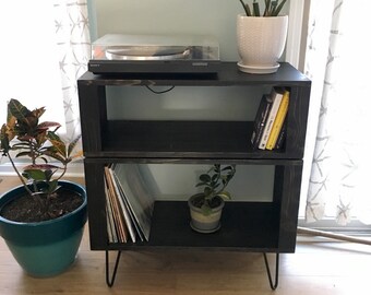Handmade Mid-Century Modern Turntable Stand | Ebony Vinyl Record Storage