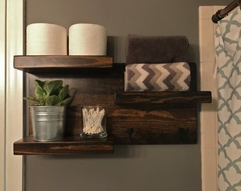 Dark Walnut Rustic Bathroom Shelving Storage with Hooks, Towel Rack