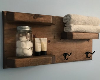Weathered Oak Rustic Bathroom Shelves with Towel Hooks