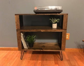 Handmade Walnut Vinyl Record Stand | Mid-Century Modern Turntable Cabinet
