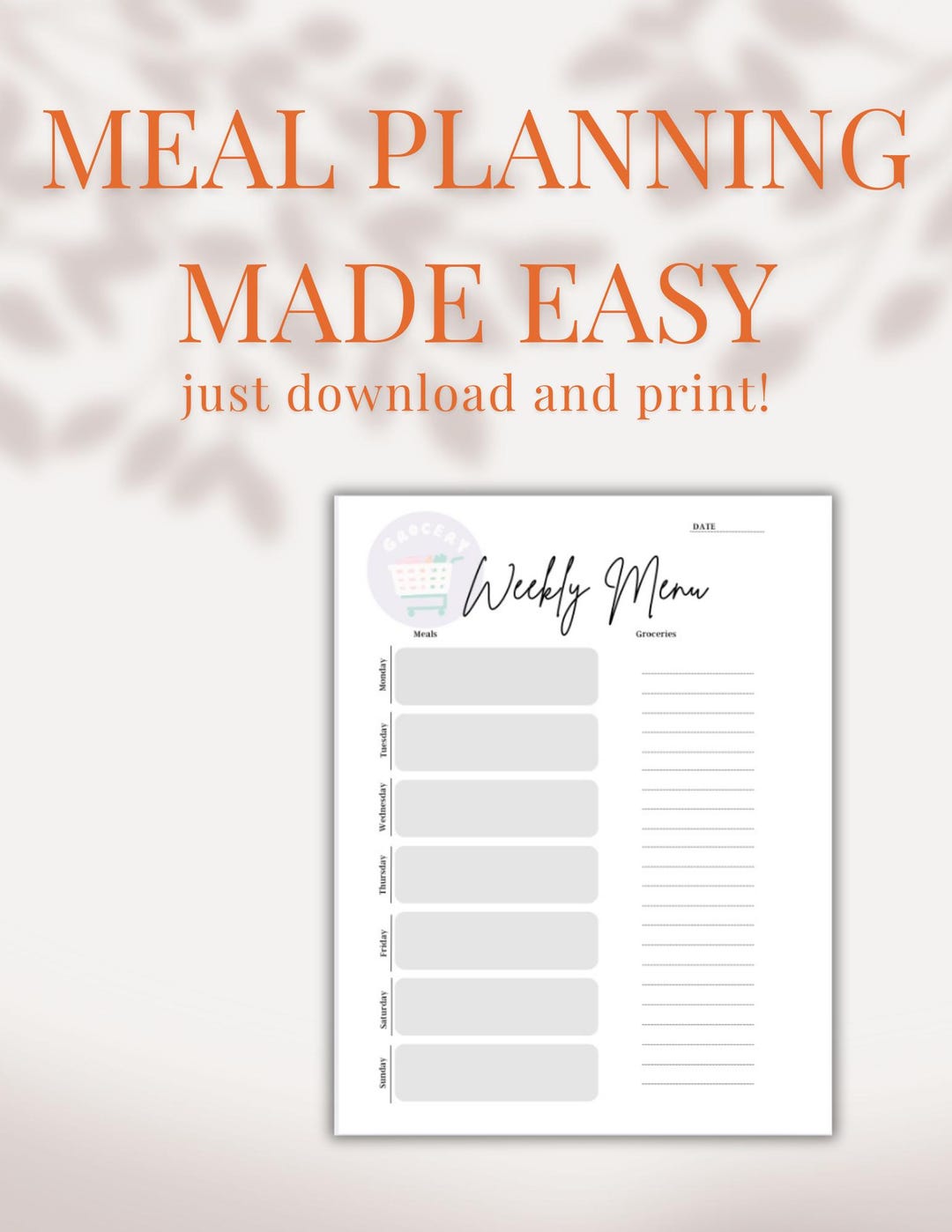 Printable Meal Planner Weekly Menu Template for Meal Planning & Food ...