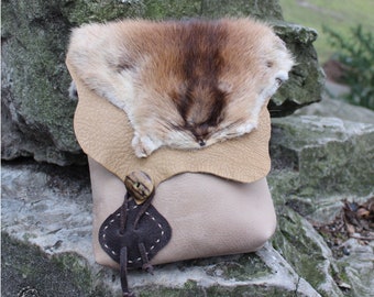 Medieval belt bag, leather, muskrat skin, larp, fantasy