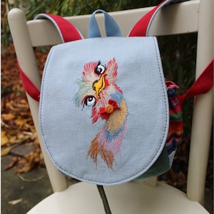 Children&#39;s backpack, backpack, children&#39;s bag, kindergarten, upcycled jeans, cotton fabric, embroidery, ostrich