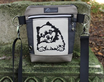 Gassitasche, POMERANIAN, SPITZ, Gassigeh-Tasche, Hundetasche, Bauchtasche, Hüfttasche, Umhängetasche, Gürteltasche, Bestickung, Kunstleder