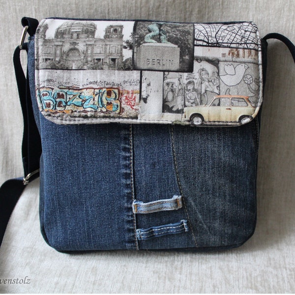Berlin Tasche, Messenger Bag, Upcycling, Jeans, Baumwollstoff, Fotodruck