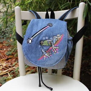 Children&#39;s backpack, backpack, children&#39;s bag, kindergarten, upcycled jeans, cotton fabric, embroidery, frog