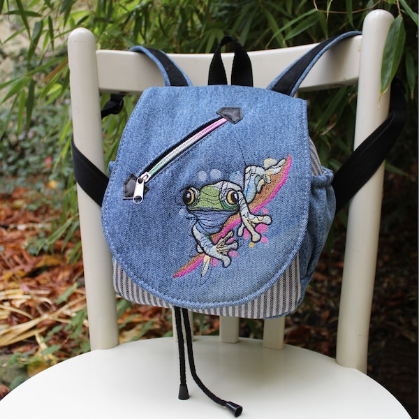 Children's backpack, backpack, children's bag, kindergarten, upcycling jeans, cotton fabric, embroidery, frog