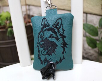 Dog Poop Bag, GERMAN SHEPHERD, Dog Bag, Dispenser for Dog Waste Bag, Genuine Leather, Embroidery