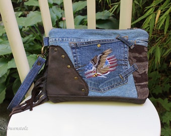 Leder Clutch, AMERICAN EAGLE, Jeans, Upcycling, Cord, camouflage, Bestickung, American Eagle, USA Flagge