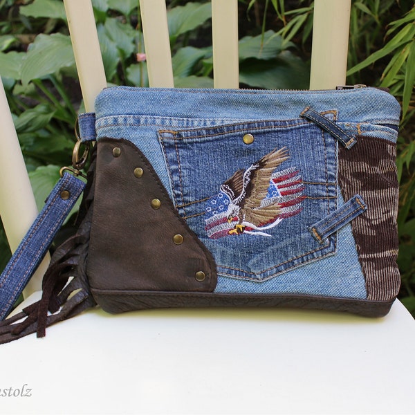 Pochette en cuir, AMERICAN EAGLE, Jeans, Upcycling, Corduroy, camouflage, Broderie, American Eagle, USA Flag