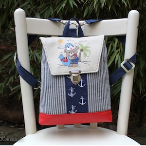 children&#39;s backpack, backpack, children&#39;s bag, maritime, teddy bear, embroidery, cotton fabric, artificial leather