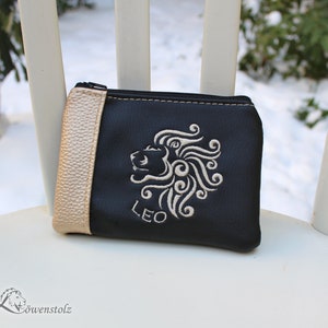 Bolsa de monedas, bolsa universal, leo, león, zodiaco, billetera, cuero falso, bordado