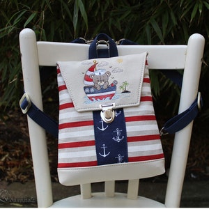 children&#39;s backpack, backpack, children&#39;s bag, maritime, teddy bear, embroidery, cotton fabric, artificial leather
