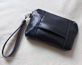 Clutch, leather, dark blue, snake look