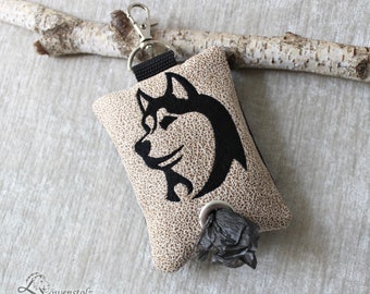 Dog poop bag dispenser, dog poop bag, HUSKY, dog bag, dispenser for dog waste bags, artificial leather, embroidery