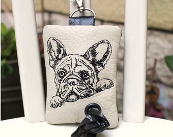 Dog Poop Bag, FRENCH BULLDOG, Dog Bag, Dispenser for Dog Waste Bag, Genuine Leather, Embroidery