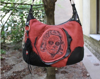 Leather bag, shoulder bag, LA CATRINA, boho style, cowhide, embroidery