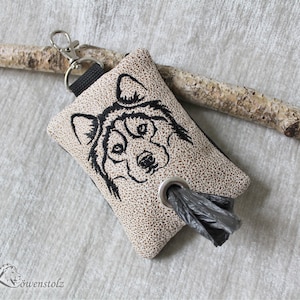 Dog poop bag dispenser, dog poop bag, HUSKY, dog bag, dispenser for dog waste bags, artificial leather, embroidery