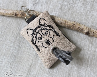 Hunde Kotbeutelspender, Hunde Poop Tasche, HUSKY, Hundetasche, Spender für Hundekotbeutel, Kunstleder, Bestickung