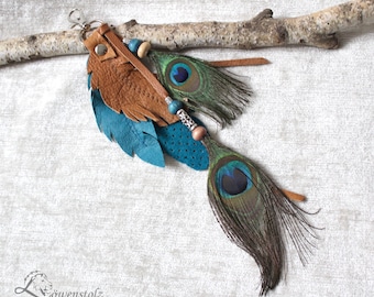 Pocket pendant SOUTH WEST, leather, peacock feathers, upcycled