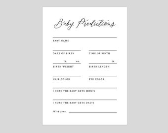 Printable Baby Predictions Card, Baby Shower Games, Organic Calligraphy, Editable Template, Digital Design File, Templett #4140