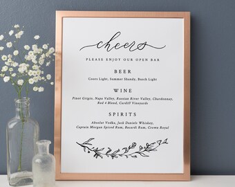 Cheers Calligraphy Bar Menu with Leafy Wreath, Signature Cocktails Sign, Wedding Template, Digital File, 8x10, 11x14, Templett #1089