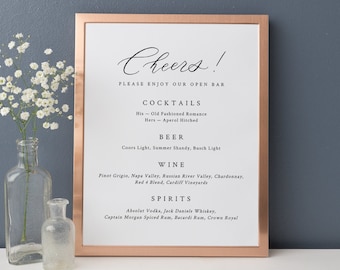 Cheers! Calligraphy Bar Menu, Signature Cocktails Sign, Wedding Template, Digital File, 8x10, 11x14, Templett #1012