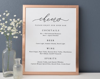 Cheers Lowercase Calligraphy Bar Menu, Signature Cocktails Sign, Wedding Template, Digital File, 8x10, 11x14, Templett #1012