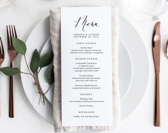 Printable Wedding Menu, Double-sided, Calligraphy Minimal Menu Template, Instant Download, DIY Editable Text, Printable Sign, Templett #1012