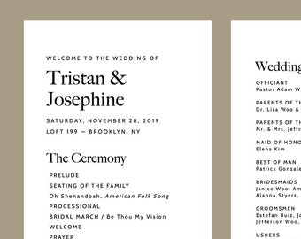 Printable Typography Wedding Program, Modern, Simple, Minimal, Order of Service, DIGITAL FILE, Editable Template, 4x9, Templett Elizabeth