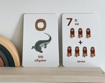 Korean Alphabet Flash Cards for Kids, Counting Cards with Animals