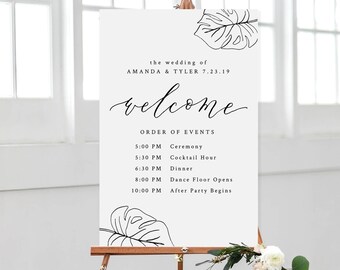 Monstera Order of Events Sign Template / Wedding Schedule Tropical Palms Calligraphy, Editable Digital Download, Printable, Templett #1307