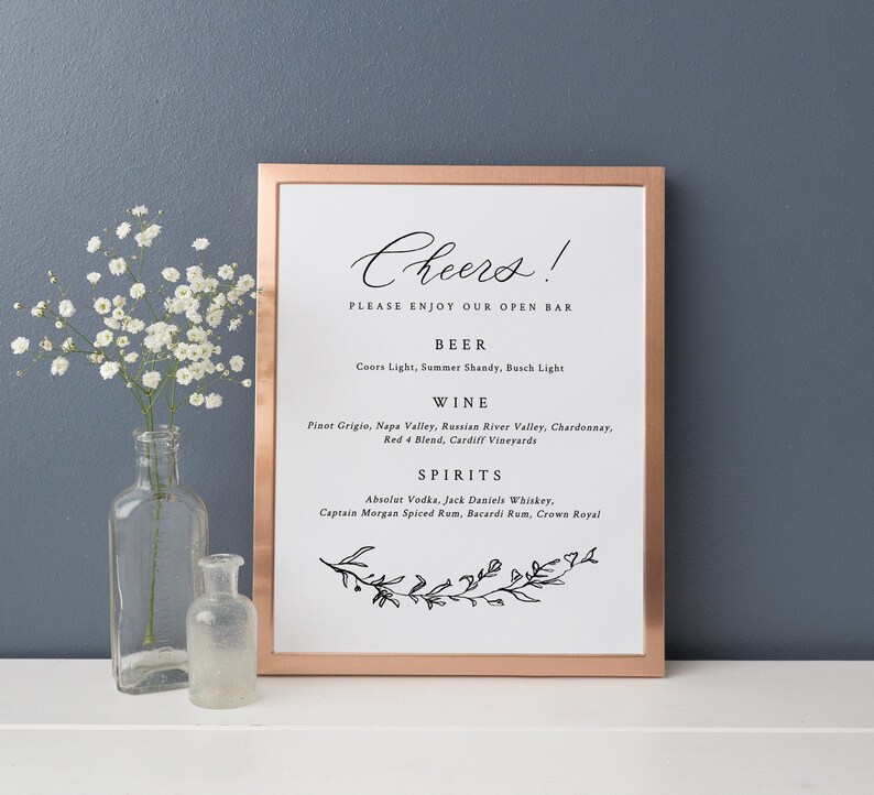 Cheers Bar Menu with Leafy Wreath Calligraphy Signature Etsy