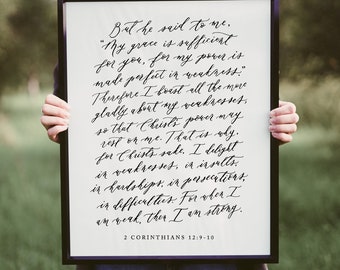 2 Corinthians 12:9-10 My grace is sufficient for you, When I am weak I am strong, Calligraphy Print, Digital File Only, Printable