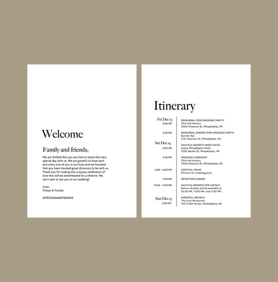 printable typography welcome note weekend itinerary schedule of events digital template modern minimal wedding 5x7 templett elizabeth itinerary schedule