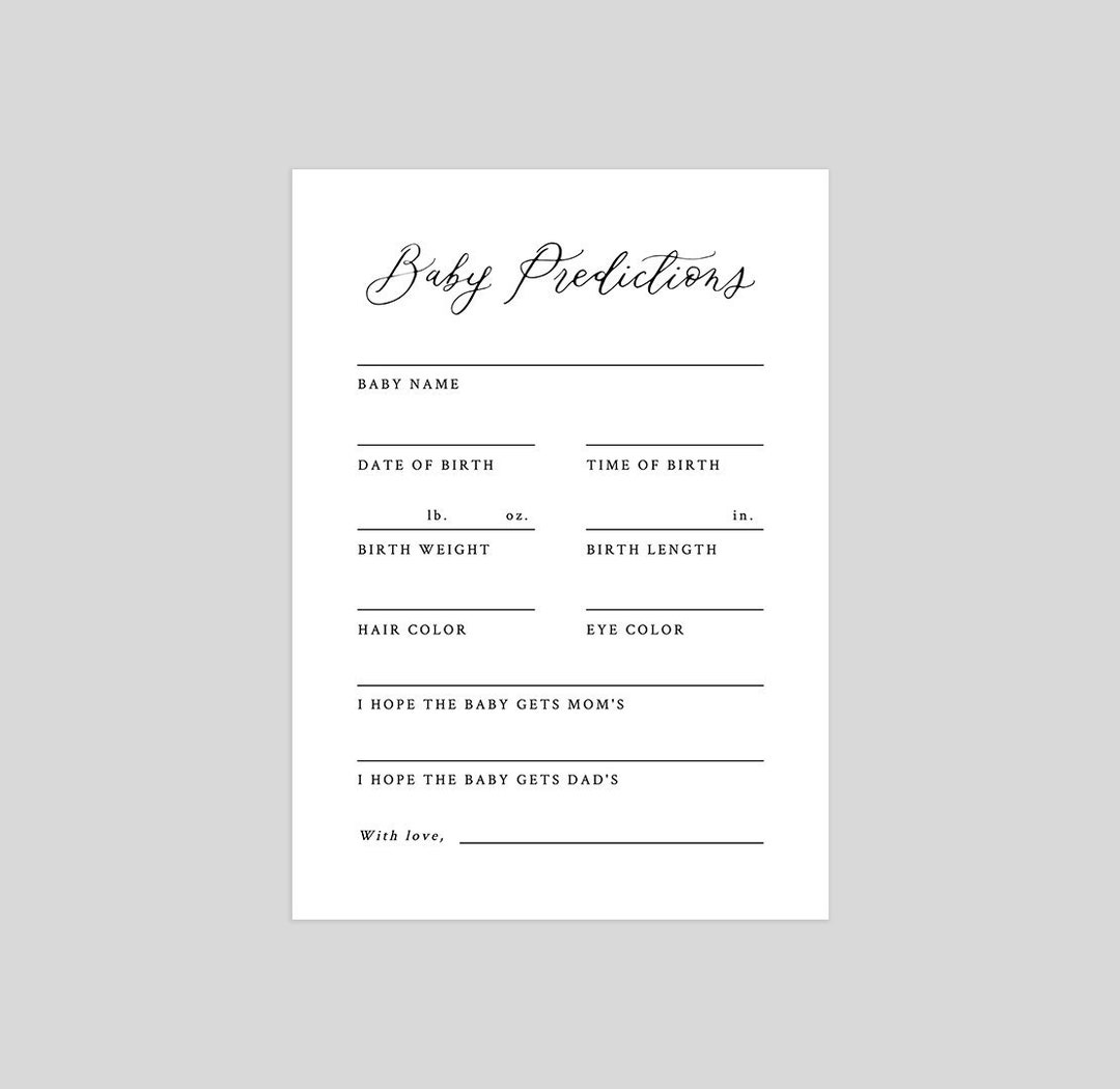 Printable Baby Predictions Card, Baby Shower Games, Organic Calligraphy ...