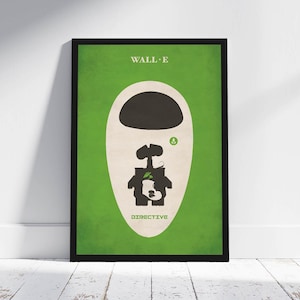Può includere: Poster incorniciato con sfondo verde, raffigurante un'illustrazione stilizzata del robot WALL-E. Il poster include il testo "WALL-E" in alto e "DIRECTIVE" in basso, con la silhouette del robot al centro.