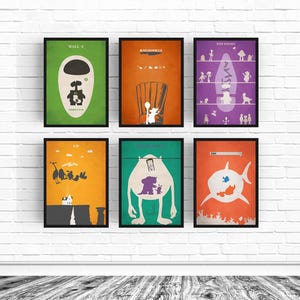 Set of 6 Animations Alternative Minimalist Poster Finding Nemo Monsters Inc Wall E Toy Story 123 Cars Up Wall Artwork Gift