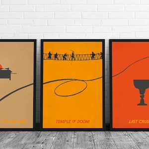 Indiana Jones Trilogy Minimalist Poster Set Raiders of the Lost Ark Temple of Doom Last Crusade Alternative Steven Spielberg WallArt Hanging