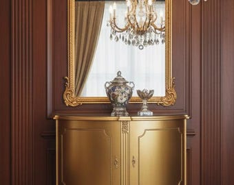 Console Table with Glass Top - Semi-Lunar Buffet Sideboard - Gold Vintage Style Entryway Table