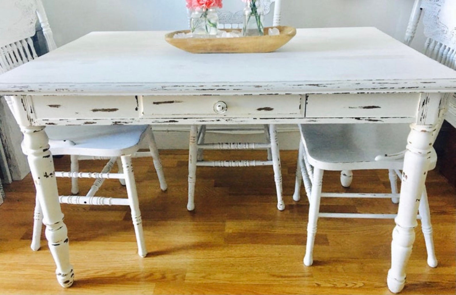 Farmhouse Distressed White Dining Table and Chairs Set Etsy