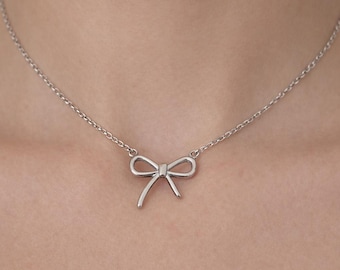Sterling Silver Bow Necklace | Dainty Ribbon Pendant, Handmade Jewelry