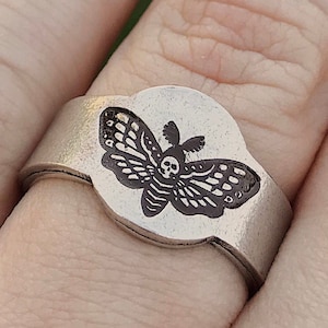 Death Head Moth Signet Style Adjustable Stacking Ring | Goth Ring | Halloween Jewelry | Silver Witch Ring | Skeleton Luna Moth Jewelry